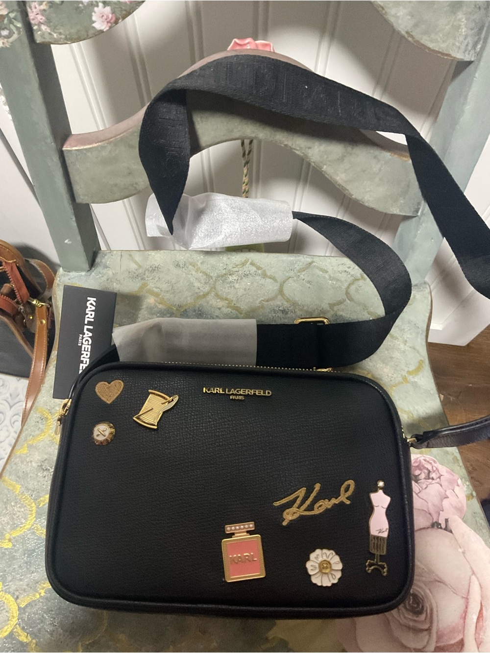 Karl Lagerfeld Black Crossbody Bag with Gold and Pink Enamel Pins